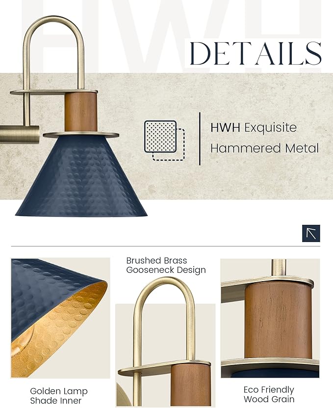 HWH Rustic Wall Sconces, Industrial Sconce Wall Lighting Indoor Wall Lamp, Gooseneck 1-Light Barn Vanity Light for Bathroom Bedroom Bedside, Hammered Metal Shade, Navy Blue Finish, 5HZG74B BL+BG-Ruum Studio Home