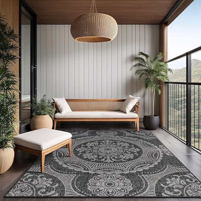 Medallion Outdoor Rug 9x12 Washable Outside Carpet for Indoor Patio Porch Waterproof Easy Cleaning Non Shedding Area Rugs Dark Gray 9 x 12-Ruum Studio Home