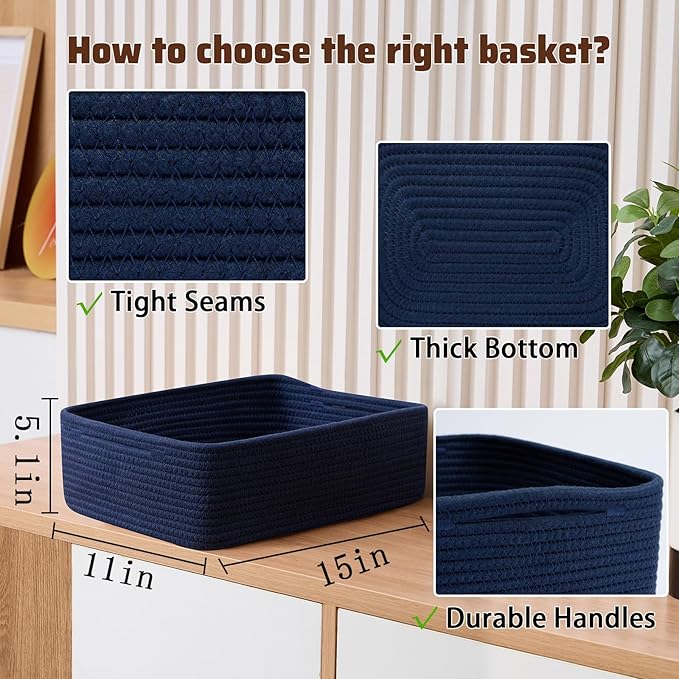 Large Shallow Organizing Baskets 15x11x5.1 Inches - Rope Woven Storage Bins for Bathroom, Shelves, Cube Closet, Navy Blue 2 Packs-Ruum Studio Home