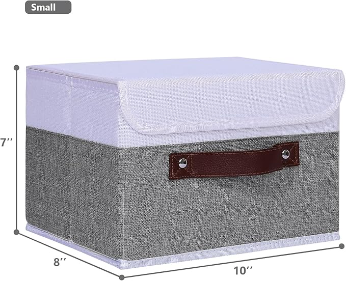 ANMINY 4PCS Storage Boxes with Lid Washable Decorative Storage Bins Basket with PU Leather Handle Foldable Linen Fabric Storage Cubes Containers for Home Closet Organizer - Gray White, Small Size-Ruum Studio Home