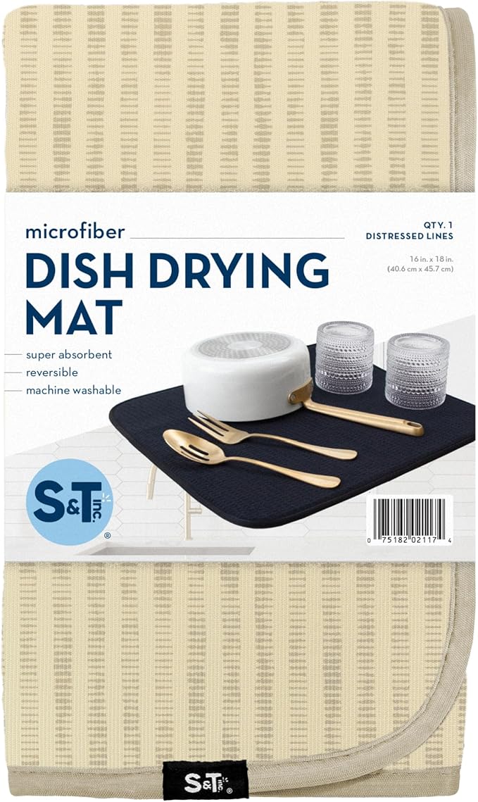 S&T INC. Dish Drying Mat, 16” x 18”, Absorbent Microfiber Kitchen Counter Mat, Dish Drying Pad for Dishes, Utensils, Pots and Pans, Large, Cream Distressed Lines-Ruum Studio Home