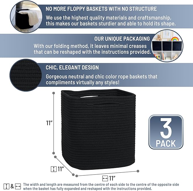 NaturalCozy Storage Cubes 11 Inch Cotton Rope Woven Baskets for Organizing, 3-Pack | Cube Storage Bin | Square Storage Baskets for Shelves Organizer, Classroom, Kids Toy Bins, Closet, Baby Nursery-Ruum Studio Home