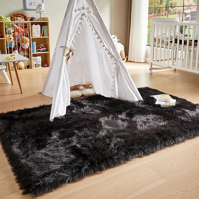 AMTOVO Faux Fur Sheepskin Rug for Living Room, 4 x 6 ft Black Fluffy Area Rug for Bedroom, Playroom, Luxury Room Decor, Rectangle-Ruum Studio Home