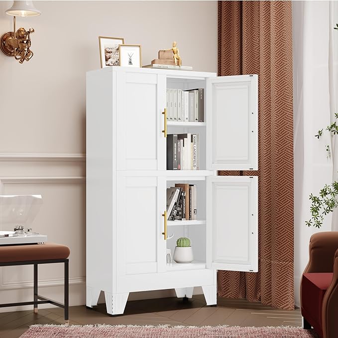 47.25" Metal Pantry Cabinet, Storage Cabinets with 4 Door and 2 Adjustable Shelves, White Bathroom Cabinet, Freestanding Cupboard for Kitchen Dining Living Room Bathroom-Ruum Studio Home