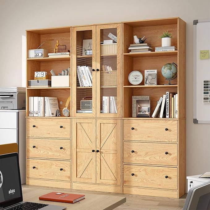 71" Tall Bookshelves Set of 3, 2 Bookcases with Drawers & 1 Bookshelf with Doors, Wooden Bookshelves Floor Standing Display Storage Shelves Home Decor Furniture for Home Office, Living Room-Ruum Studio Home