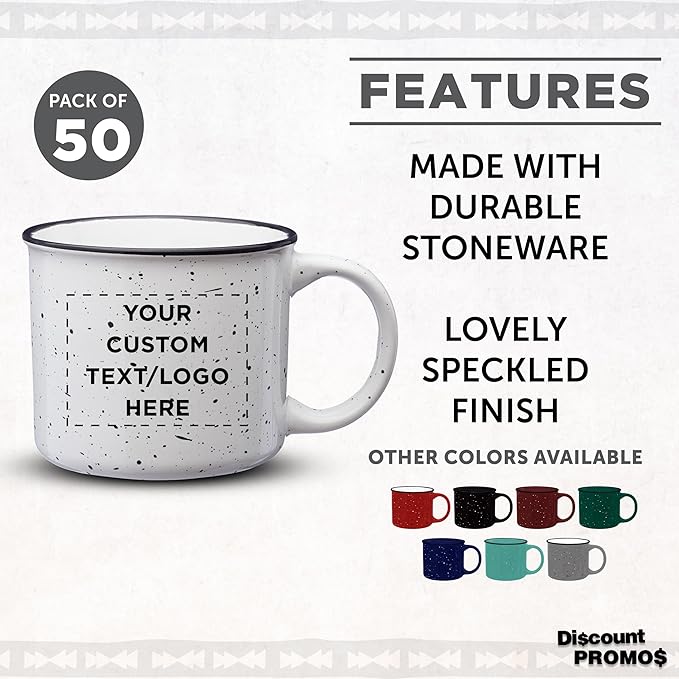 DISCOUNT PROMOS Custom Ceramic Campfire Coffee Mugs 13 oz. Set of 50, Personalized Bulk Pack - Perfect for Tea, Espresso, Cappuccino, Hot Cocoa - White-Ruum Studio Home