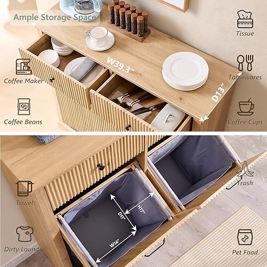 Modern Double Tilt-Out Trash Cabinet, 20 Gallon Fluted Laundry Hamper Cabinet with 2 Drawers, Wooden Hidden Garbage Can Cabinet with Storage Basket for Kitchen & Living Room, Natural Oak-Ruum Studio Home