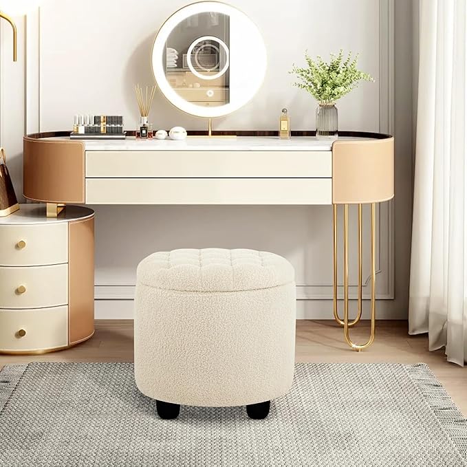 Furniliving Modern Round Storage Ottoman,Button Tufted Ottoman Foot Stools Ottoman Footstool with Removable Lid Storage Ottomans for Living Room, Bedroom, Makeup Room，Sherpa, IvoryWhite-Ruum Studio Home