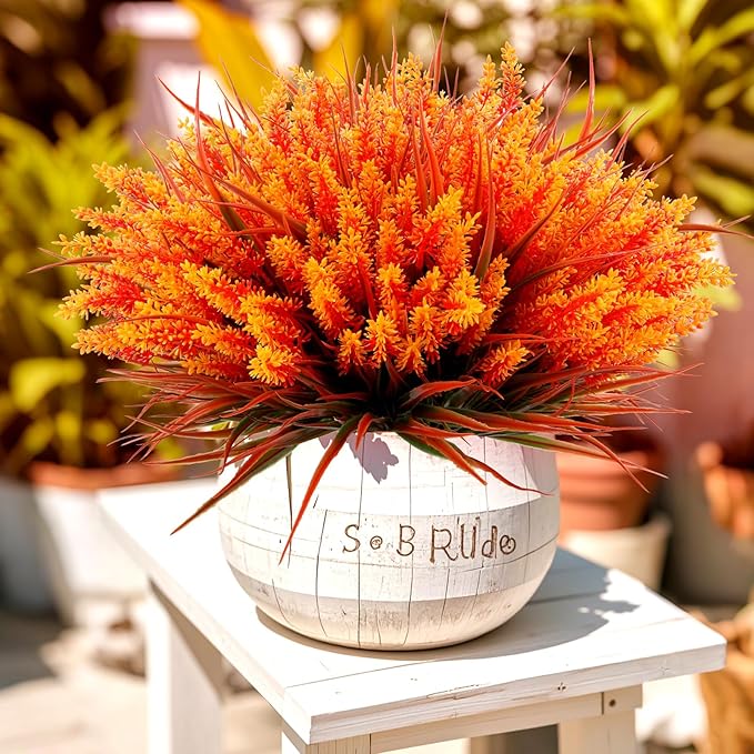 Geegoods 24 Bundles Artificial Fall Flowers Outdoor – Faux Lavender Flowers with Monkey Grass UV Resistant Plastic Faux Plants for Garden Porch Patio Home Decor, Autumn-Orange Color-Ruum Studio Home