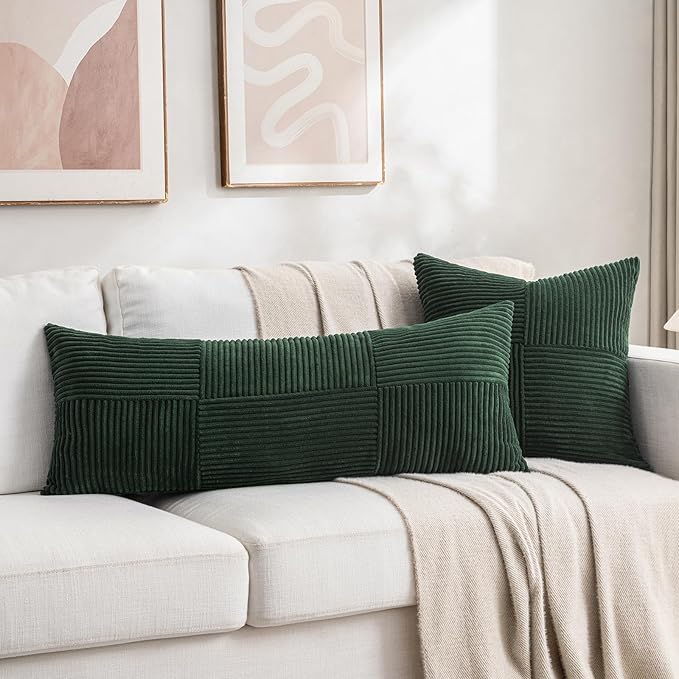 Fancy Homi Set of 2 Dark Green Boho Long Lumbar Body Decorative Throw Pillow Cover 14x36 Inch for Bed Couch Bedroom Bench, Soft Patchwork Corduroy Textured Pillow Case, Rustic Farmhouse Room Decor-Ruum Studio Home