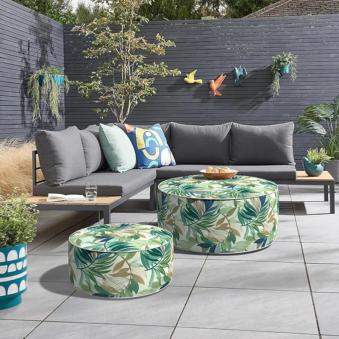 Inflatable Ottoman Stool D31 xH14 for Outdoor/Indoor Use, Water Repellent Patio Foot Rest Stool with Portable Handle,Round Pouf Ottoman Suitable for Garden,Deck and Camping - Lush Leaf Green-Ruum Studio Home
