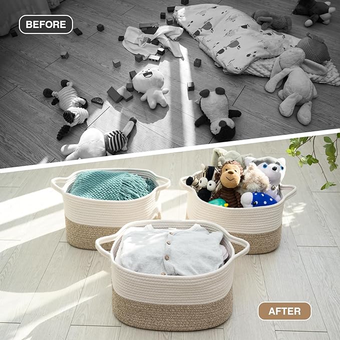 Cotton Rope Woven Storage Basket, Used for Baby Hamper Toy Organizer, Gift Baskets Empty,Kids Laundry Basket,Baby Blanket Basket. Size 15x10x8.7 Inches. (White&Brown-3PCS)-Ruum Studio Home