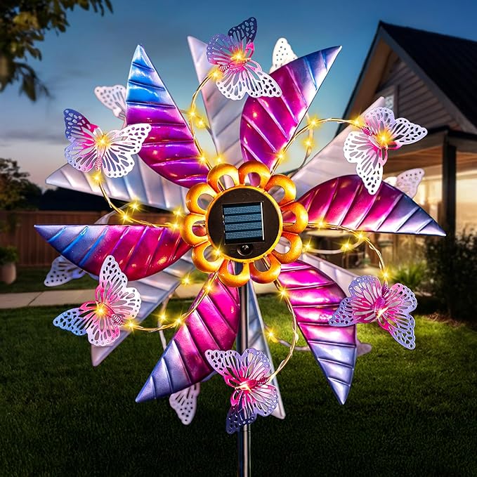 Solar Wind Spinner Outdoor, 360° Metal Large Butterflies Wind Sculpture with Outdoor Kinetic Windmills with Vine String LED Lights for Decor Garden Patio, Lawn & Yard-Ruum Studio Home