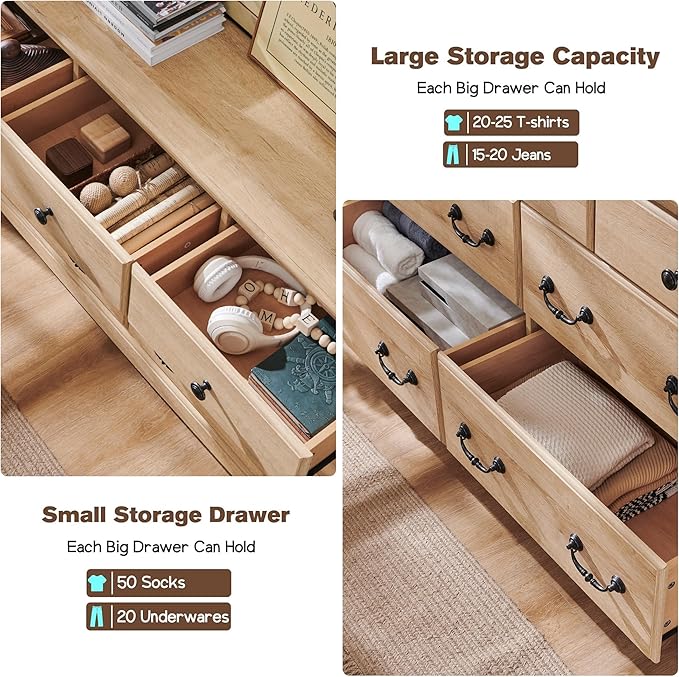 T4TREAM 7 Drawers Dresser Chests for Bedroom, Wood Vintage Chests of Drawers, Rustic Dressers Chset Organizer for Bedroom, Living Room, Hallway, Natural Oak-Ruum Studio Home