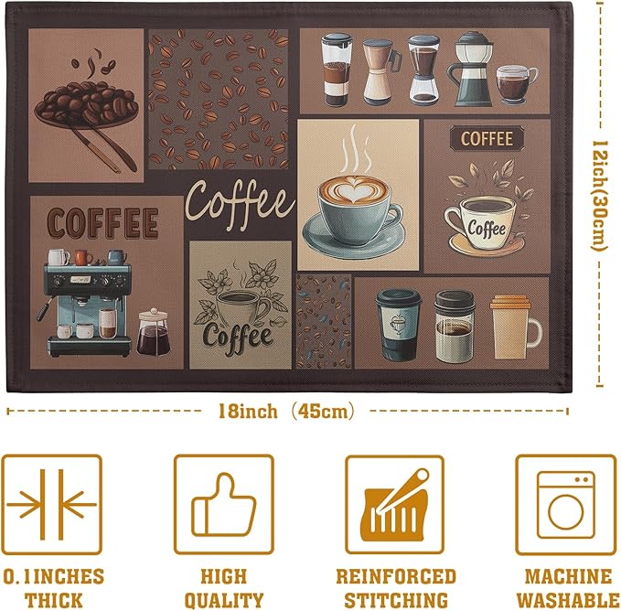 Coffee Theme Placemats Set of 4 Farmhouse Style Brown Linen Fabric Table Mat 12x18 Inch Washable Heat Resistant Non-Slip Place Mats for Home Party Kitchen Dining Decor-Ruum Studio Home