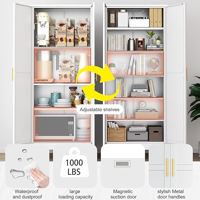 Kitchen Pantry Storage Cabinet with Doors and Adjustable Shelves, Metal ClosetMaid Food Pantry Cabinets, 75" Tall Freestanding Cupboard for Kitchen, Laundry or Utility Room, White-Ruum Studio Home