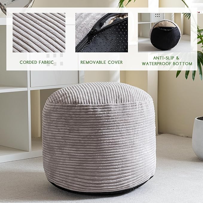 HIGOGOGO Round Stuffed Pouf Ottoman, Corduroy Poufs with Foam Chunk Filling, Furry and Fluffy Pouf Foot Stool Storage Ottoman, 20 X 15 Floor Poufs Foot Rest for Living Room, Grey-Ruum Studio Home