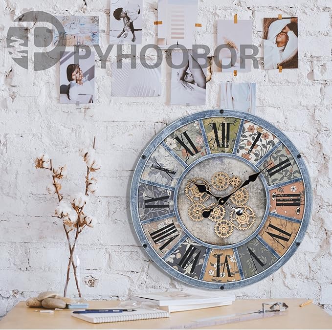 Unique Moving Gear Large Wall Clock - Battery Powered. Retro Industrial Steampunk Country Farmhouse Decor for The Living Room Kitchen Bars cafes and Offices (Blue/Metal/Round)-Ruum Studio Home