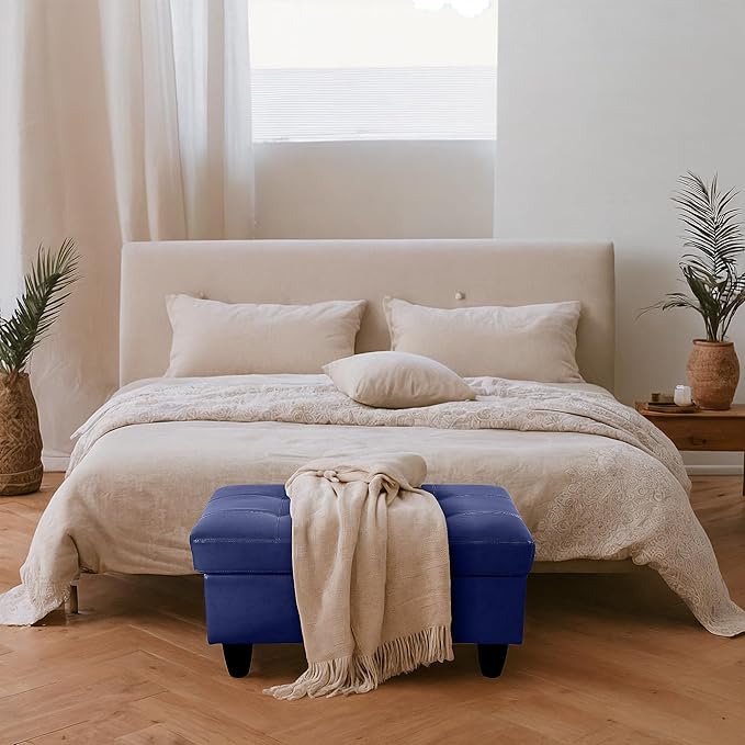 Ottoman Rectangular Storage Ottoman Bench, Faux Leather Footrest, Coffee Table, Stool Footstool with Hinged Lid for Living Room, Bedroom, Entryway, Blue, 35"x23.5"x17.5"-Ruum Studio Home