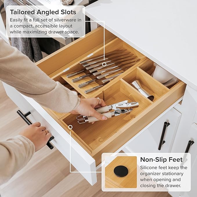 Premium Silverware and Utensil Drawer Organizers – Slanted 3-Compartment and 5-Compartment Design, Labeled Slots, Non-Slip Feet, 100% Sustainable Bamboo, 2 Pack-Ruum Studio Home