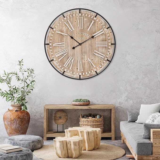 Farmhouse Wall Clock 30 Inch - Rustic Wood Metal Decor, Silent Sweep, Battery Operated for Living Room Kitchen Office, Brown-Ruum Studio Home