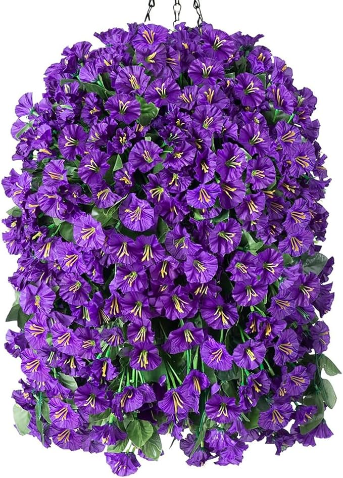Artificial Faux Hanging Flowers Plants Basket for Outdoor Outside Porch Decoration, UV Resistant Fake Silk Purple Morning Glory Trailing Vines Realistic for Summer Home Balcony Yard Patio-Ruum Studio Home