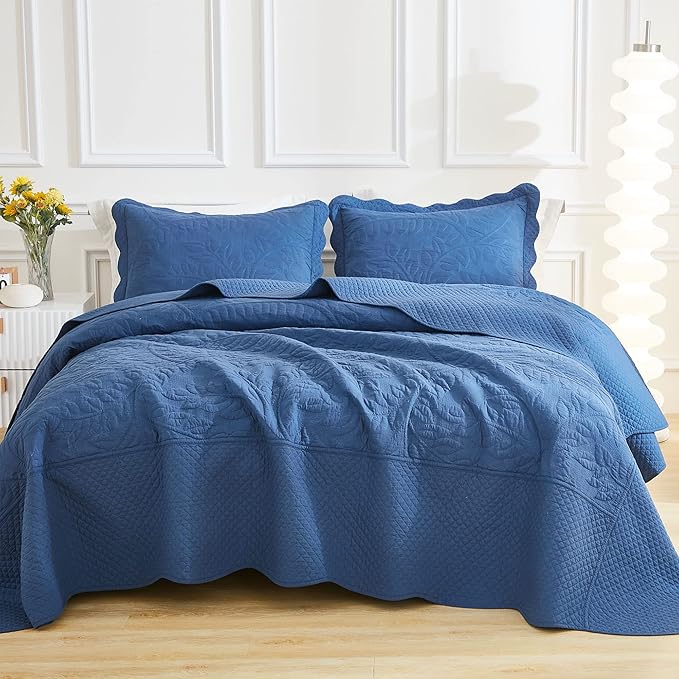 MarCielo 3-Piece 100% Cotton Oversized Bedspread Lightweight Quilt Coverlet Embroidery Farmhouse Bedding Set T0 (Midtone Blue, Oversized King (118"x106"))-Ruum Studio Home