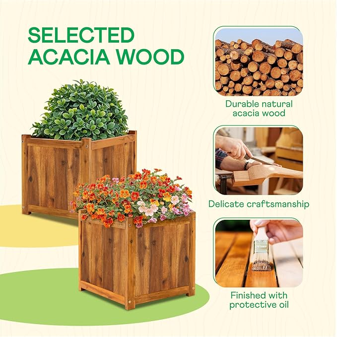 IDZO Set of 2 Acacia Wood Flower Planters for Outdoor Plants, Ergonomic Handles, Drainage Holes, Various Sizes, Ideal for Home Décor, Light Cherry-Ruum Studio Home