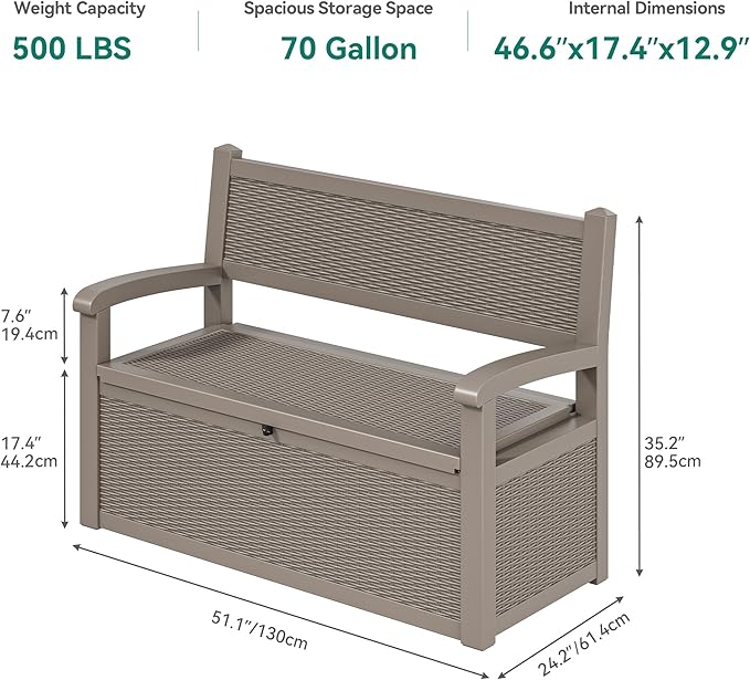 YITAHOME 70 Gallon Storage Bench Deck Box, Lockable Patio Bench, Waterproof Outdoor Pool Deck Storage for Patio Cushions, Garden Tools and Pool Supplies, Light Brown-Ruum Studio Home