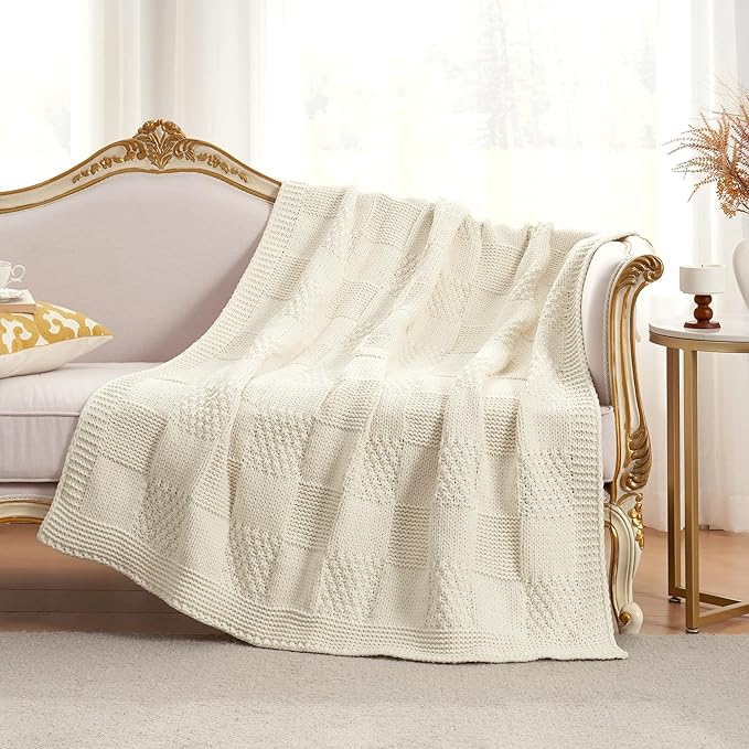Amélie Home Chenille Knit Throw Blanket for Couch, Checkered Texture Decorative Soft Blanket for Sofa, Bed & Living Room, 50"x60", Ivory-Ruum Studio Home