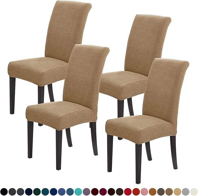 Joccun Chair Covers for Dining Room Set of 4, Dining Chair Slipcovers Stretch Dining Room Chair Covers Seat Protector,Washable Parsons Chair Cover for Home,Hotel,Banquet(Tan,4 Pack)-Ruum Studio Home