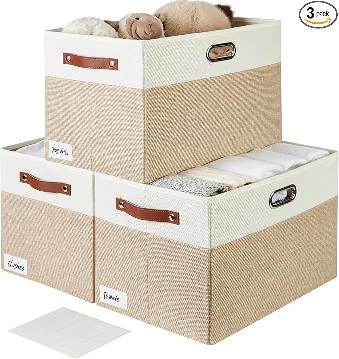 Large Collapsible Fabric Storage Bins with 3 Handles, Foldable Organizer Baskets for Closet, Shelves, Living Room | 3 Pack, Durable PU & Metal Handles (17"x11.8"x11.8", Beige & White)-Ruum Studio Home