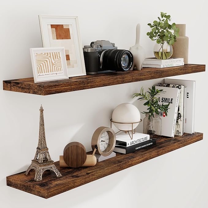 55 Inch Floating Shelves Set of 2, Rustic 55 x 9 Floating Shelf for Wall, 9 Inch Deep Wall Shelves Invisible Bracket, Large Deep Shelving for Bedroom, Kicten, Living Room, Rustic Brown Color-Ruum Studio Home