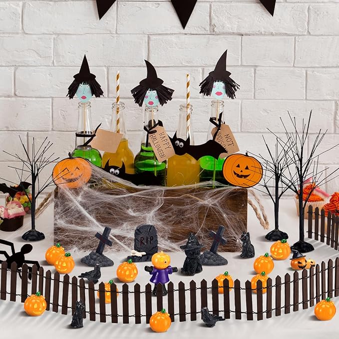 Wesiti 30 Pcs Halloween Village Accessories Set Miniature Halloween Figurines Village Trees Cat Pumpkin Tombstones Figurine Horror Miniature Accessories for Garden Decor-Ruum Studio Home