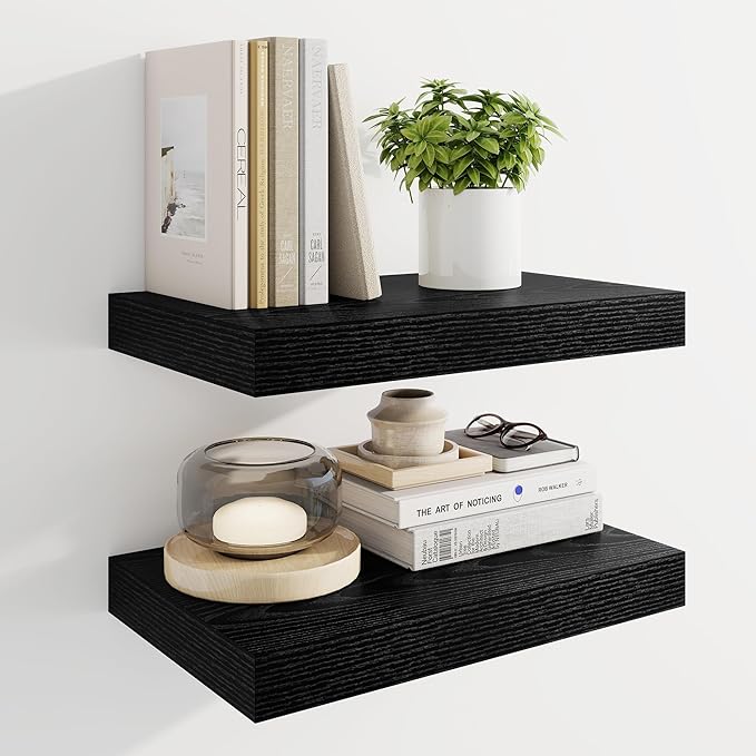 Marsmiles 16" Floating Shelves for Wall, Wooden Shelves with Invisible Brackets Set of 2, Rustic Farmhouse Wall Mounted Shelf for Kitchen Bathroom Living Room Study, Black-Ruum Studio Home