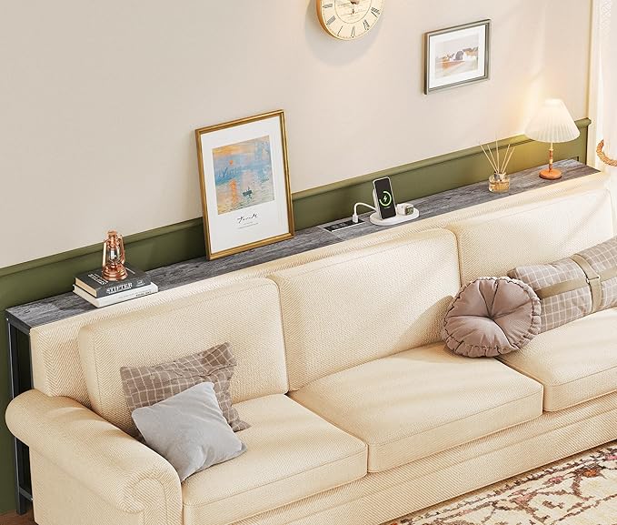 SUPERJARE 78.7 Inch Console Table with Outlet, Sofa Table with Charging Station, Narrow Hallway Entryway Table, Behind Couch Table, for Living Room, Charcoal Gray-Ruum Studio Home