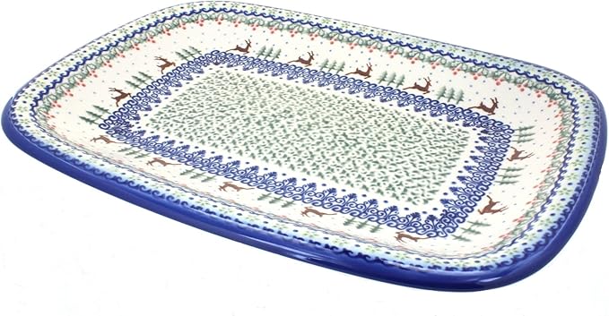 Blue Rose Polish Pottery Reindeer Delight Large Rectangular Serving Platter-Ruum Studio Home