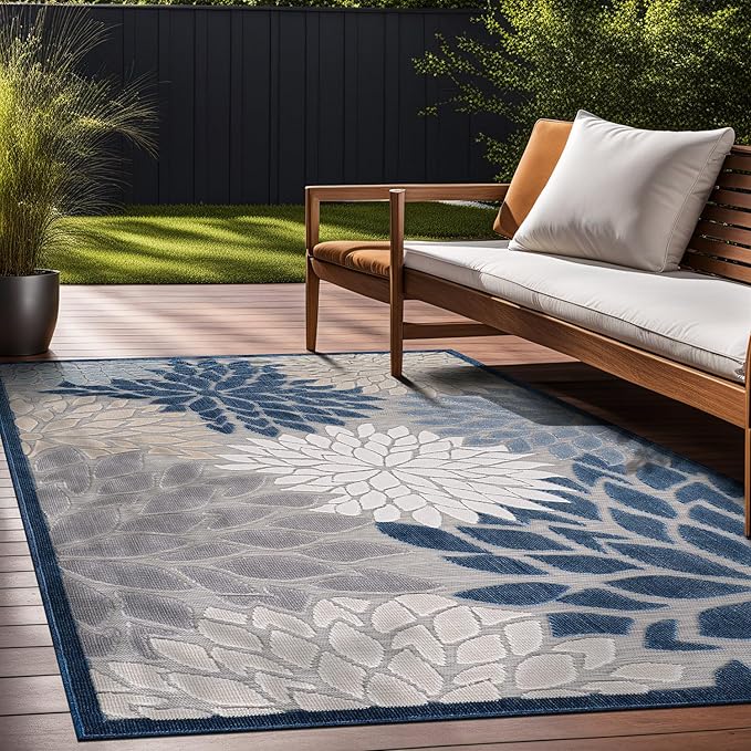 Beverly Rug Outdoor Rug 9x12 Large Modern Floral Tropical Area Rugs for Indoor and Outdoor Patio Easy to Clean Non Shedding Living Room Porch Garden Washable Outside Carpet (9 x 12 Blue)-Ruum Studio Home