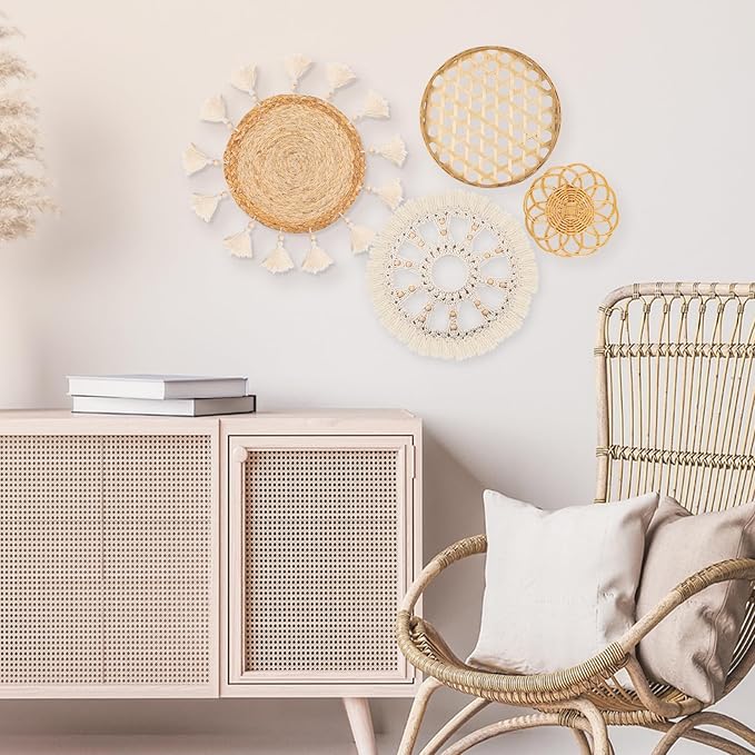 Boho Wall Basket Decor Set of 4 - Flat Woven Basket Wall Hanging Decor,Round Tassels White Macrame Tapestry Wall Decor Art,Handmade Rattan Wicker Seagrass Home Wall Baskets Decor(Wooden Beads Style)-Ruum Studio Home