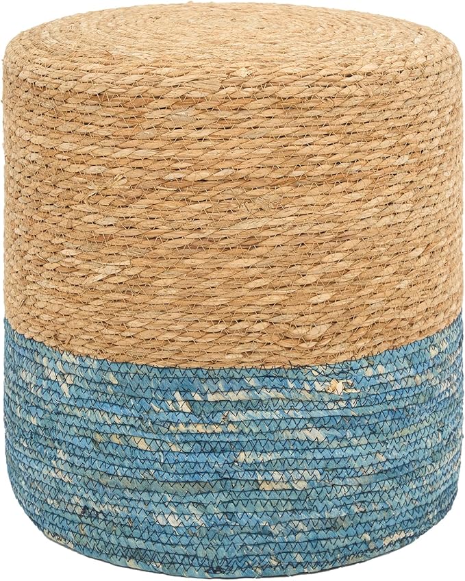 16'' Round Ottoman Natural Seagrass Braided Poof Hand Weaving Round Ottomans Boho Footrest Stool for Home Living Room Bedroom Patio(Natural&Blue)-Ruum Studio Home