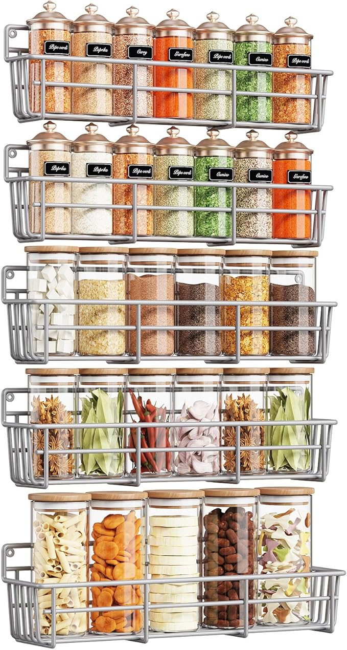 5 Pack Spice Rack Seasoning Organizer Wall Mount, Screw or Adhesive Hanging Shelf Basket Spice Organizer Shelf for Kitchen, Silver-Ruum Studio Home