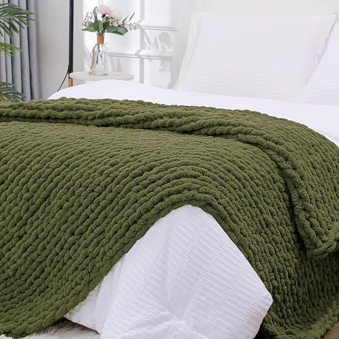 Bigacogo Chunky Knit Throw Blanket for Couch, 51x63 inches, 100% Hand Knitted with Thick Jumbo Chenille Yarn, Cozy Soft Large Rope Knot Cable Crochet Blankets for Sofa Bed Living Room, Yellow Green-Ruum Studio Home