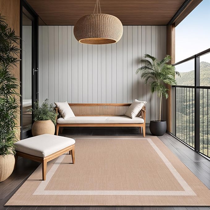 Bordered Outdoor Rug 9x12 Washable Outside Carpet for Indoor Patio Porch Waterproof Easy Cleaning Non Shedding Area Rugs Beige 9 x 12-Ruum Studio Home