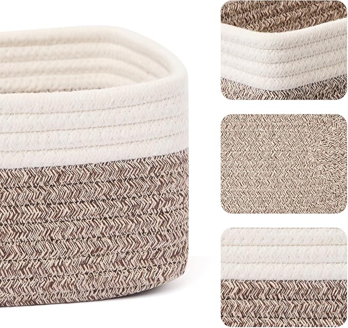 Small Storage Baskets for Organizing | Closet Organizer Bins | Shelf Toy Basket | Woven Rope Baskets | Cube Decorative Box | Shallow Basket | 11.5x7.5x4.7” | 3 Packs White Brown-Ruum Studio Home