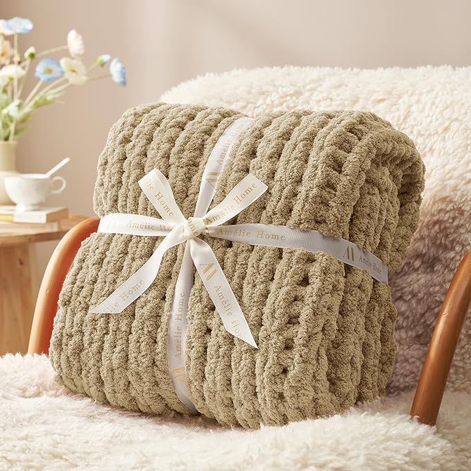 Amélie Home Chunky Knit Throw Blanket for Couch, Soft Chenille Crochet Blanket for Children, 40"x50", Beige-Ruum Studio Home