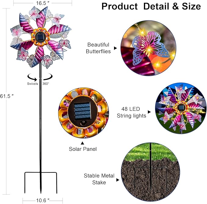 Solar Wind Spinner Outdoor, 360° Metal Large Butterflies Wind Sculpture with Outdoor Kinetic Windmills with Vine String LED Lights for Decor Garden Patio, Lawn & Yard-Ruum Studio Home