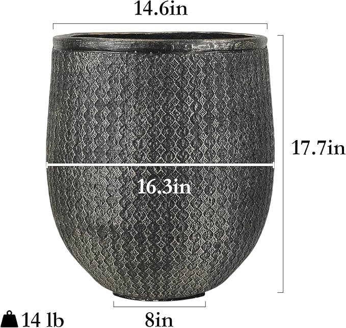 Worth Garden Large Round Planter – 14.5" Dia x 17.5" H Lightweight Magnesium Oxide Cement Plant Pot with Texture – Raised Pattern Concrete Look – Drainage Hole – Indoor & Outdoor Use - Black Gold-Ruum Studio Home