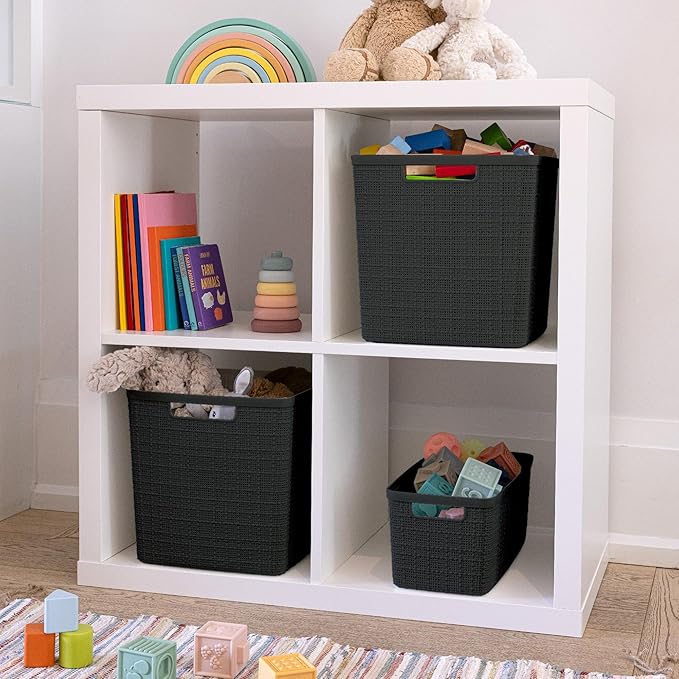 Curver Set of 4 Jute Large Cube Decorative Plastic Organization and Storage Baskets, Perfect Bins for Home Office, Closet Shelves, Kitchen Pantry and All Bedroom Essentials, Black-Ruum Studio Home
