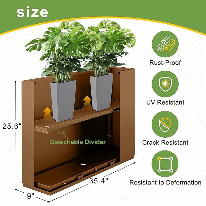 FENCY Metal Rectangular Planter Box for Outdoor - Large Planters with Drainage Holes (35.4" L x 9" W x 25.6" H, Brown)-Ruum Studio Home