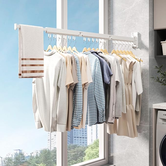 Wall Mounted Clothes Drying Rack, Retractable Laundry Rack for Hanging Clothes, Collapsible, Foldable, White-Rings-Ruum Studio Home